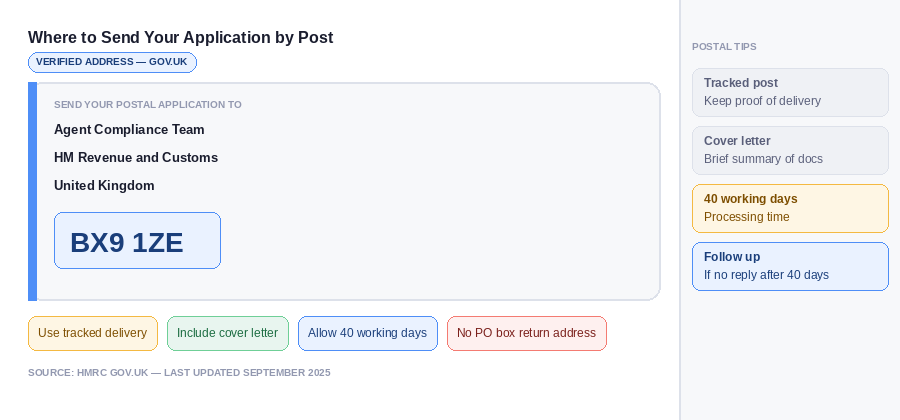 HMRC Agent Compliance Team postal address BX9 1ZE for agent services account registration application