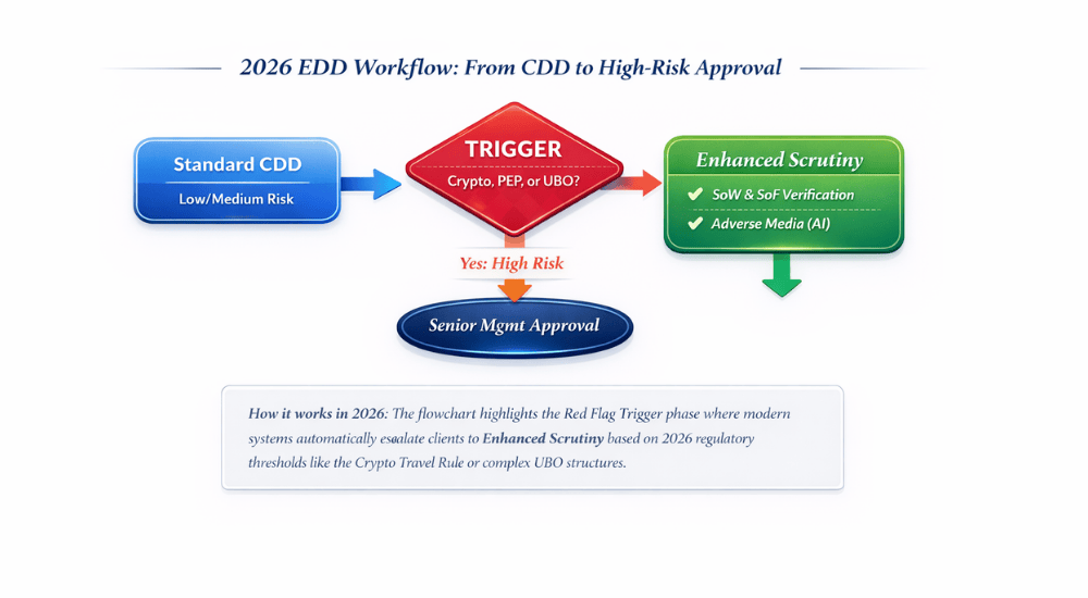 A high-level flowchart showing the step-by-step transition from standard Customer Due Diligence (CDD) to EDD.