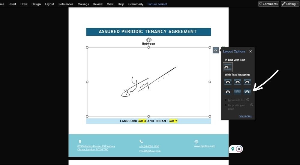 Step 03- Position Your Signature - How to add electronic signature in microsoft word