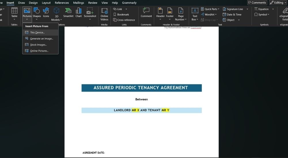 Step 2 - How to add electronic signature in microsoft word
