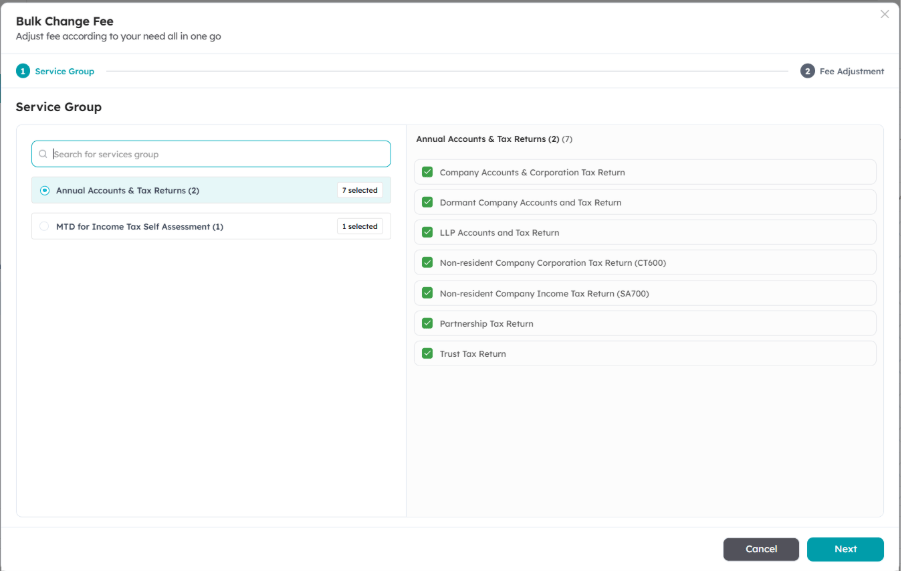 increase accounting fees in bulk in the FigsFlow Services page