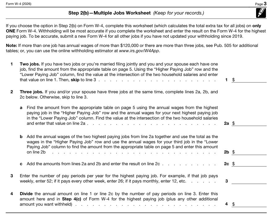 IRS W-4 Form Page 3 Multiple Jobs Worksheet