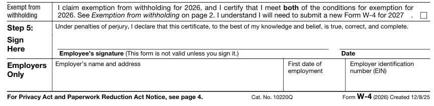 Step 5 Sign Here of the IRS W 4 Form
