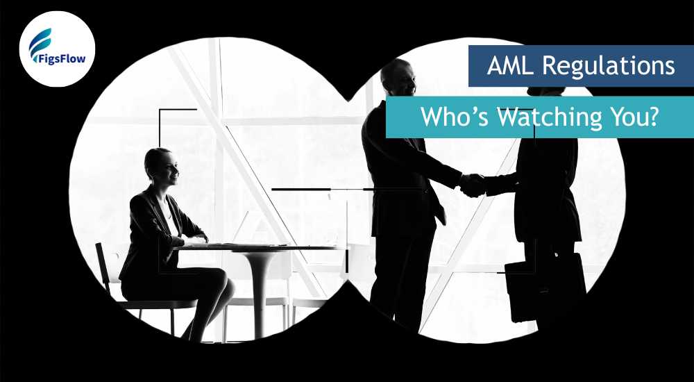 A black and white illustration viewed through binoculars showing business professionals meeting in an office, symbolizing surveillance under money laundering regulations 2017, with overlay text reading "AML Regulations: Who’s Watching You?" and the FigsFlow logo in the corner.